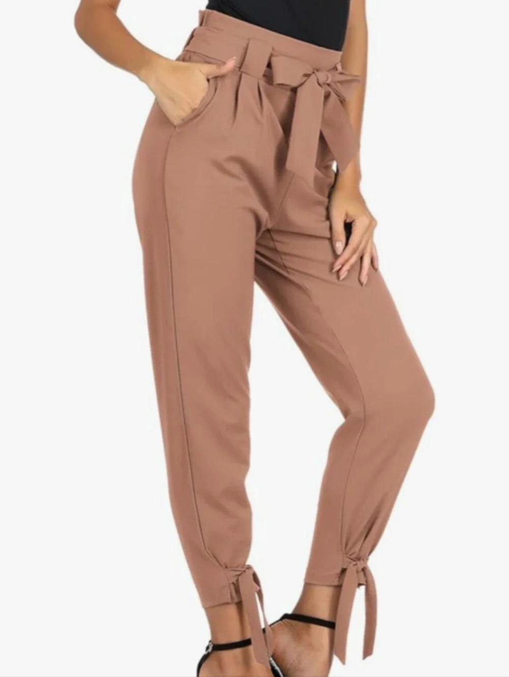 Grace Karin Beige Paperbag High Waist Bow Cuffs Side Zipper Women's Pants Sz L
